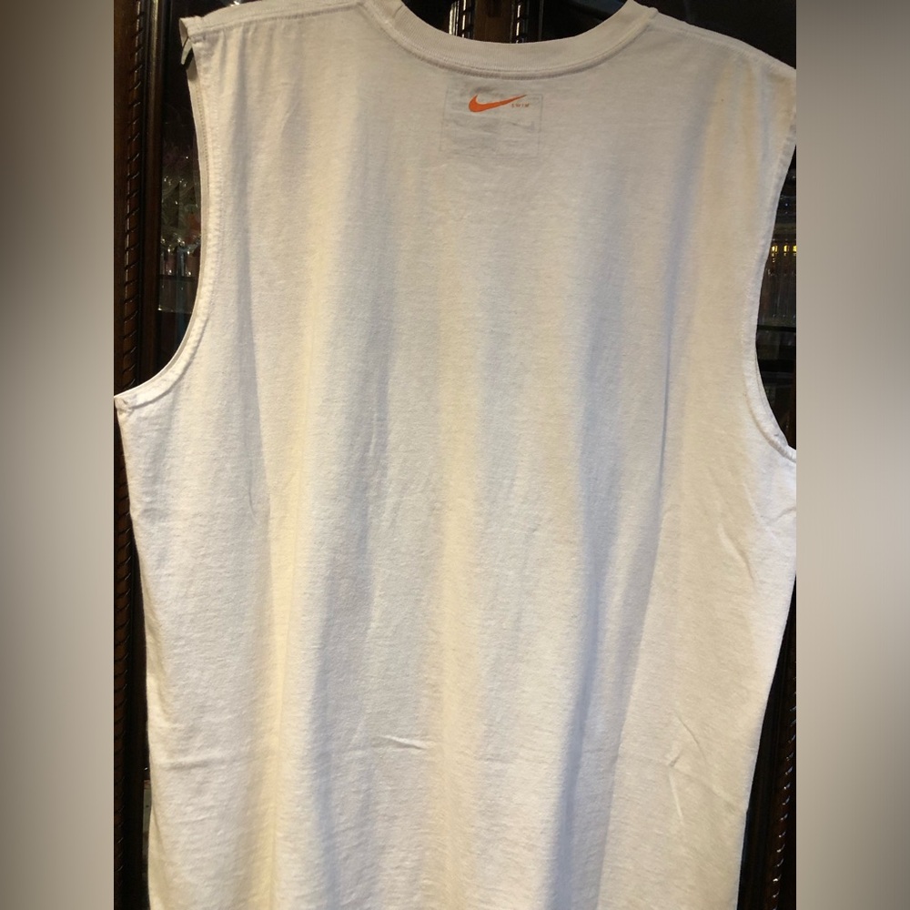 Nike White T-Shirt with Blue Neck Trim and Blue and orange trim Nike Logo - Picture 3 of 10